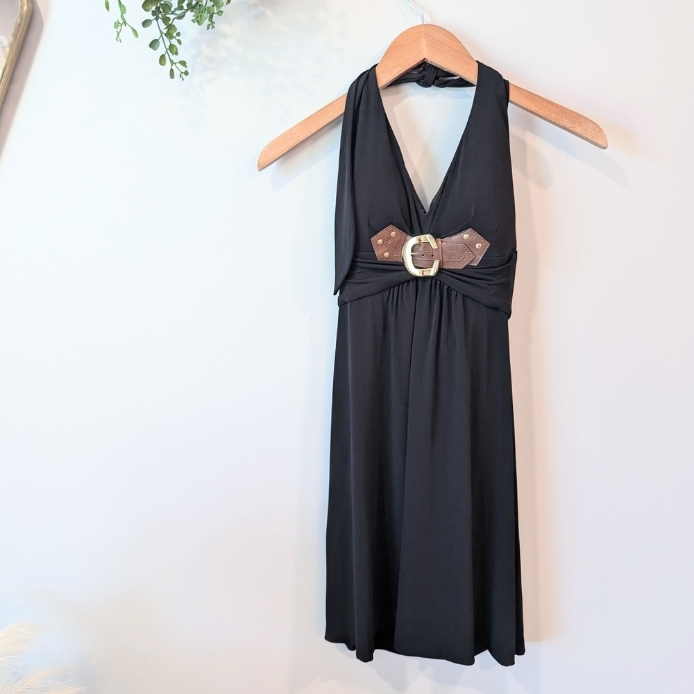 Cache Black Halter Dress with Buckle Detail Size Medium